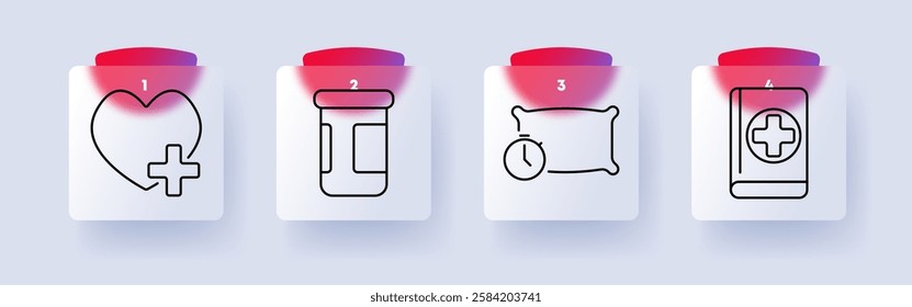 Healthcare and wellness set icon. Heart with medical cross, pill bottle, sleep schedule, first aid book, health, medication, self-care, emergency aid