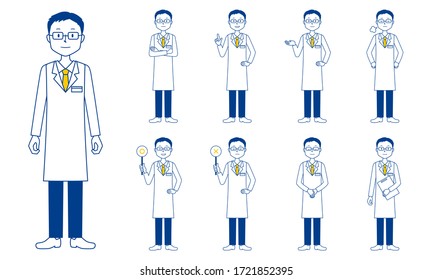 Healthcare worker (doctor) character set in 9 poses isolated vector illustartion