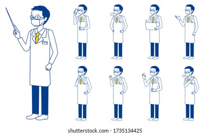 Healthcare worker (doctor) character set in 9 poses isolated vector illustartion