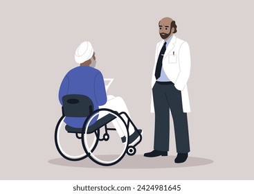 A healthcare worker engages in a compassionate discussion about a diagnosis with a senior patient seated in a wheelchair