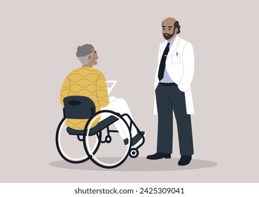 A healthcare worker engages in a compassionate discussion about a diagnosis with a senior patient seated in a wheelchair