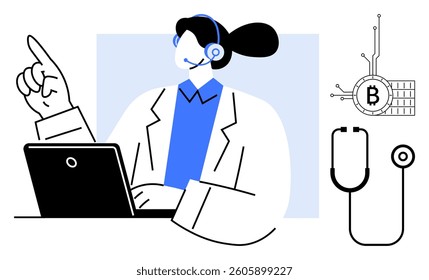 A healthcare worker with a headset uses a laptop, pointing upward. Stethoscope and blockchain Bitcoin symbol in the background indicate themes of health technology and cryptocurrency. Ideal for