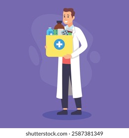 Healthcare worker holding box filled with various medical supplies, smiling. Health and wellness concept