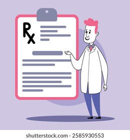 Healthcare worker in lab coat standing next to large prescription chart. Importance of medicine in patient care and treatment plans concept