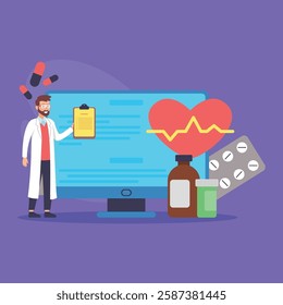 Healthcare worker in lab coat standing next to computer displaying health data. Various medicine bottles, pills, and heartbeat line symbolizing medical care