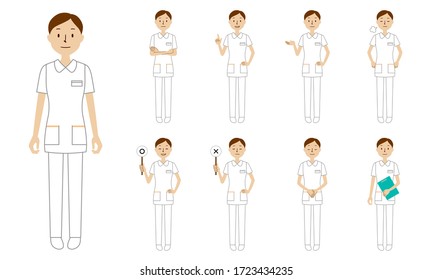 Healthcare worker (nurse) character set in 9 poses isolated vector illustartion