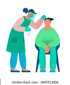Healthcare worker with protective equipment performs coronavirus swab on Caucasian man. Nose swab probe. Coronavirus testing. Flat cartoon vector illustration.