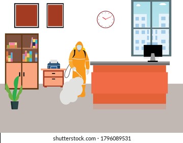 Healthcare worker in protective suit, mask sanitizing company, corona virus pandemic. Quarantine Disinfection expert, cleaning of beauty parlor, shop, reception and public places. Illustration concept