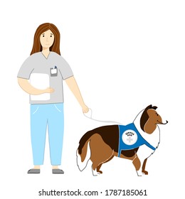 Healthcare worker and service dog illustration. Adorable nurse and fluffy Collie design.Animal Therapy landing page. Friendly dog and person poster.