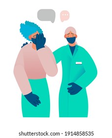 Healthcare worker supports and comforts the patient, compassion, reports something sad. Real emotions. Pain, sadness, despair. Flat cartoon vector illustration.