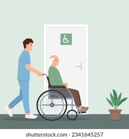
Healthcare worker is transporting senior unable to restroom. Elderly Care Concept. Help for seniors with disabilities. Vector illustration


