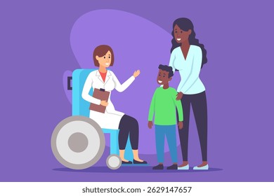 Healthcare worker in wheelchair interacting warmly with child and their mother. Concept of supportive atmosphere promoting trust and communication during medical care