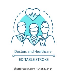 Healthcare workers concept icon. Doctors, cardiologists, dentists in uniform idea thin line illustration. Health monitoring, treatment. Vector isolated outline drawing. Editable stroke