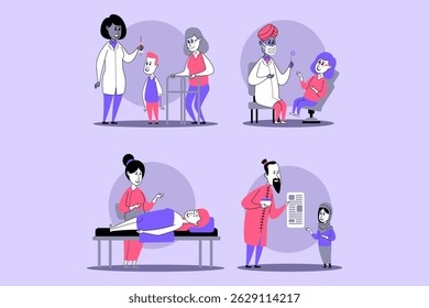 Healthcare workers engaged with patients of various ages and backgrounds. Doctor conducting check-up, while nurse providing care to child and adult