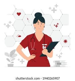 Healthcare workers, female nurse, National Nurses Day, doctor during examination holding clipboard concept illustration