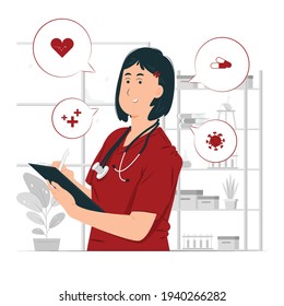 Healthcare workers, female nurse, National Nurses Day, doctor during examination holding clipboard concept illustration