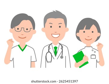 A healthcare worker's fist pump, male and female upper body. A friendly and cute illustration with a 3.5 head body ratio. Simple colors make it easy to use.