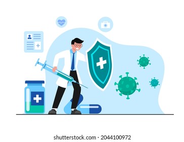 Healthcare Workers Are The Front Lines In The Public Health System. A Healer Is Like A Warrior Who Fights Various Diseases. With Needles And Pills. Flat Vector Cartoon Illustration