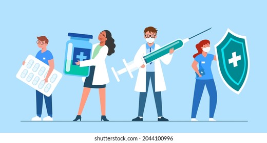 Healthcare workers are the front lines in the public health system. A healer is like a warrior who fights various diseases. with needles and pills. Flat vector cartoon illustration