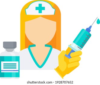 Healthcare workers icon. Doctor with syringe and dose of vaccine. Protect people from the coronavirus pandemic. Global immunization.