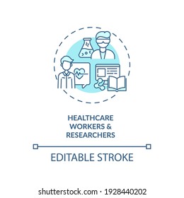 Healthcare workers and researchers concept icon. Tourism service. Covid 19 safety measures idea thin line illustration. Medical staff. Vector isolated outline RGB color drawing. Editable stroke