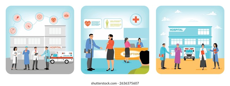Healthcare workers standing outside a hospital. A modern healthcare facility reception area. Hospital exterior with medical professionals and an ambulance. Hospital medical staff concept.
