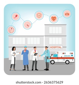 Healthcare workers standing outside a hospital, with medical symbols healthcare services. Representation of medical collaboration and the importance of healthcare. Hospital medical staff concept.