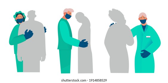 Healthcare workers supports and comforts the patient, compassion, reports something sad. Real emotions. Pain, sadness, despair. Flat cartoon vector illustration.