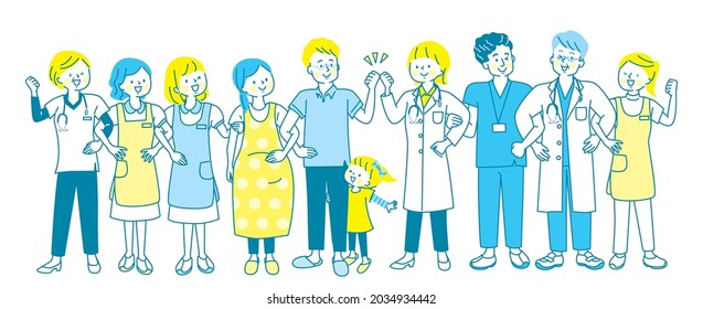 Healthcare workers and their families laughing with their arms crossed with a pregnant woman