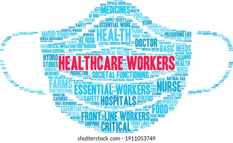 Healthcare Workers word cloud on a white background. 