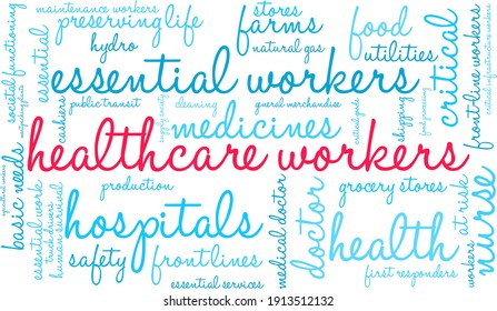Healthcare Workers word cloud on a white background. 