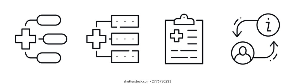 Healthcare workflow and information flow illustrated in icons. Editable stroke