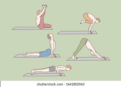 Healthcare, yoga exercises set concept. Group of young men do yoga exercises. Flexible boys care about their health, using different postures or asanas to reach harmony. Simple flat vector