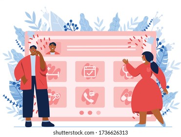 Healthcate app for tablet. Modern online medical consultation concept. Professional medical team is available 24/7, chat or call.View all history and medical records any time.Flat vector illustration 