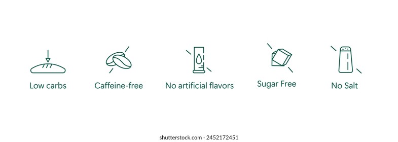 Gesundheitsbewusstes Auswahlsymbol: Low-Carb, koffeinfrei, geschmacksfrei, zuckerfrei, salzfrei Vektorgrafik Design