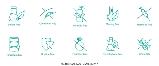 Health-Conscious and Eco-Friendly Icon Set – Sulphate, Cholesterol, Pesticide, Mercury, Hormone, Petroleum, Fluoride, Fragrance, Formaldehyde, and Wheat Free Vector Icons