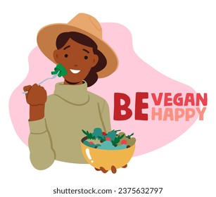 La Mujer Vegan, Consciente De La Salud, Disfruta De Una Ensalada, De Una Medley De Verdes Frescos, De Vegetales Coloridos Y De Toques De Plantas Sin Crueldad Para Una Comida Nutritiva Y Sin Culpables. Ilustración del vector de dibujos animados