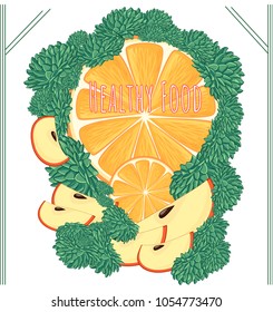 Healthe food composition - orange, apple, echeveria decor