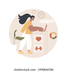 Health-focused IOT desks abstract concept vector illustration. IOT office desk, body activity tracking, working efficiency, health-focused environment, employee well-being abstract metaphor.