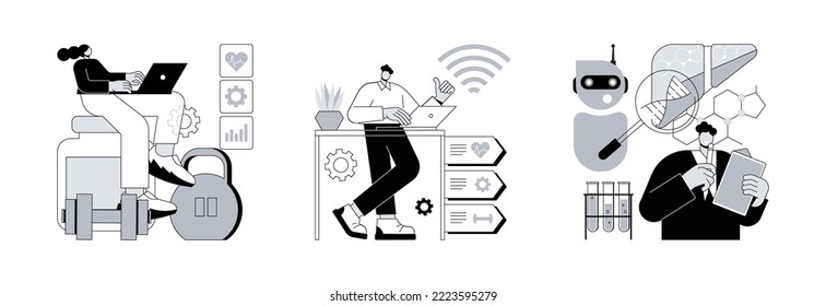 Health-focused technology abstract concept vector illustration set. Fitness-focused workspace, IOT office desk, AI use in healthcare, modern office, employee well-being, medicine abstract metaphor.