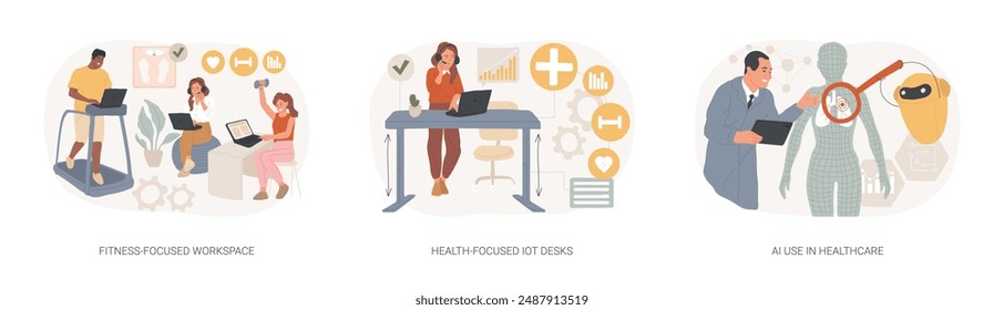 Health-focused technology isolated concept vector illustration set. Fitness-focused workspace, IOT office desk, AI use in healthcare, modern office, employee well-being, medicine vector concept.