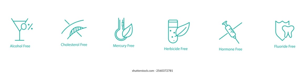 Health-Friendly Icon Set – Alcohol, Cholesterol, Mercury, Herbicide, Hormone, and Fluoride Free Vector Icons