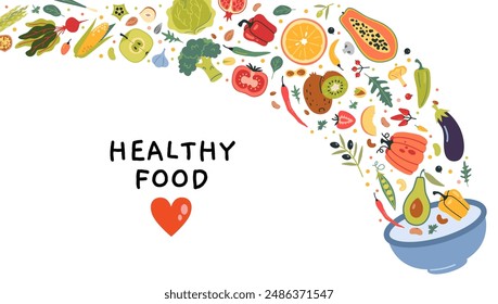 Healthly food consept. Horizontal banner with plate, vegetables and fruits. Modern vector illustration isolated on white, hand drawn, flat design