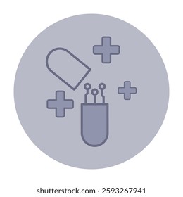 Health-related icon with pill, medical cross symbols and open capsule, revealing circuit elements inside. Technology in healthcare concept