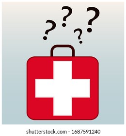 Health-related information and questions. Health problems concept vector. First aid kit and question marks.