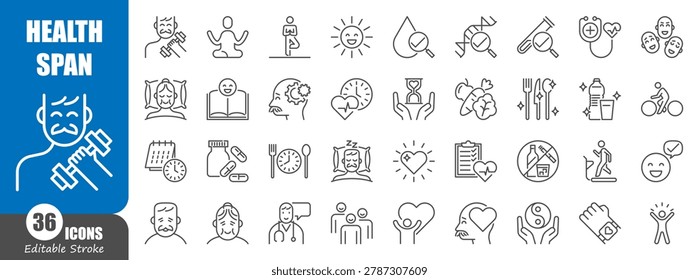 Healthspan and longevity thin line icons set. Ideal for wellness, active aging, fitness, nutrition, and medical healthcare linear vector symbols.