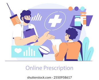 Conceito de tecnologia da saúde. Uma plataforma de saúde digital facilita um serviço de prescrição on-line com interações entre paciente e médico. Ilustração vetorial.