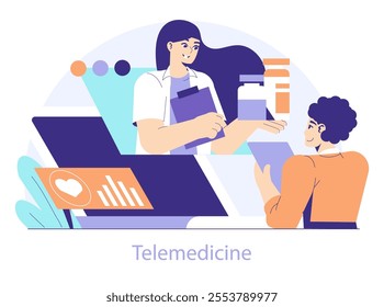 Healthtech concept. Digital healthcare platform offering virtual medical consultation and online prescription services. Patient engagement with e-health solutions. Vector illustration.