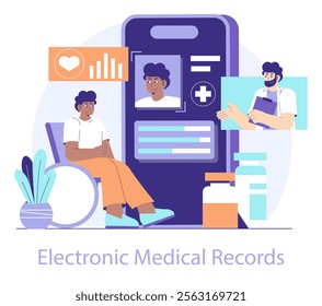 Healthtech concept. Digital interface facilitates patient-doctor interactions and electronic medical records management. Vector illustration.