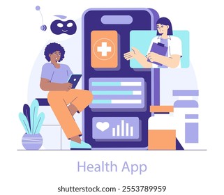 Healthtech concept. Patient engages with a digital health application as a nurse assists, promoting remote medical care. Vector illustration.